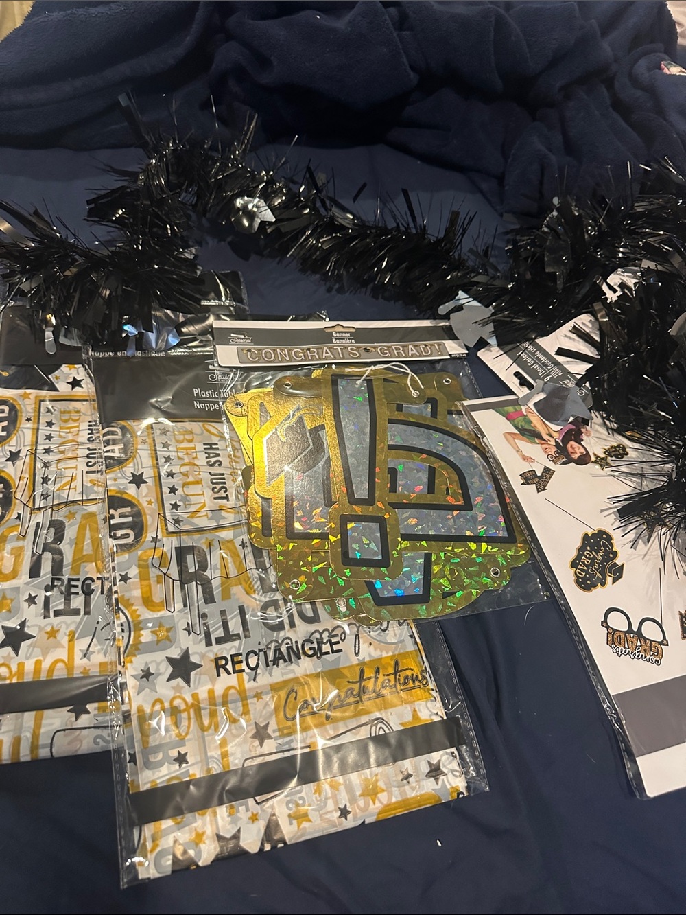 Graduation Party Decor Garland and Table Covers in Black and Gold